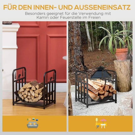 Metal firewood rack with handle, 50 kg capacity, black
