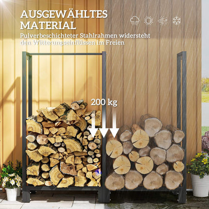 Firewood rack, two sections, stainless steel frame, up to 200 kg, 123 x 32 x 115 cm, black