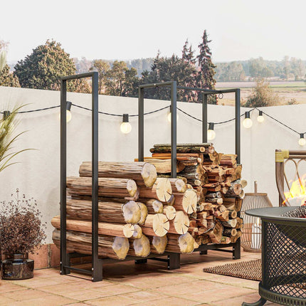 Firewood rack, two sections, stainless steel frame, up to 200 kg, 123 x 32 x 115 cm, black