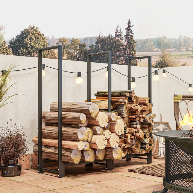 Firewood rack, two sections, stainless steel frame, up to 200 kg, 123 x 32 x 115 cm, black