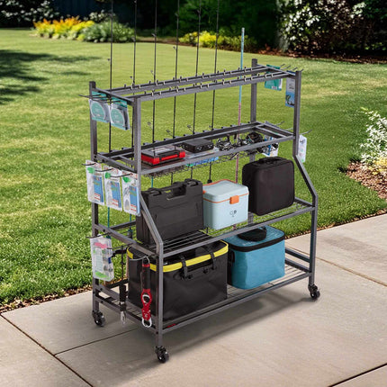 Fishing Rod Holder Cart, 15-Rod Rack With Wheels