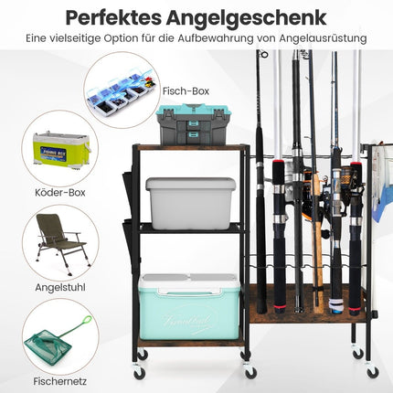 Fishing rod holder with lockable universal wheels, tackle trolley, fishing equipment organiser