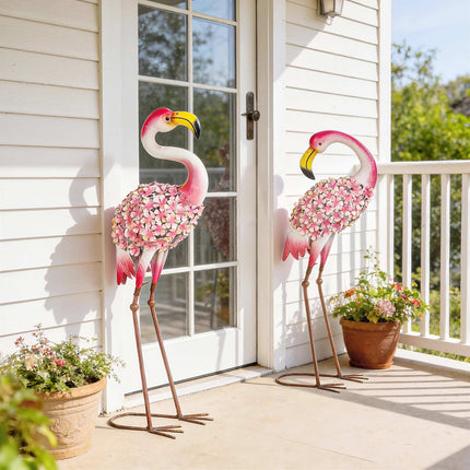 Flamingo Garden Statues Set of 2, Metal Birds with Anchors