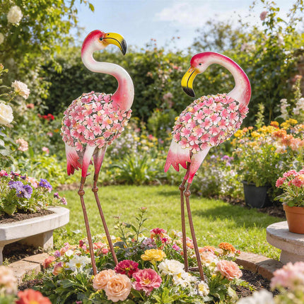 Flamingo Garden Statues Set of 2, Metal Birds with Anchors