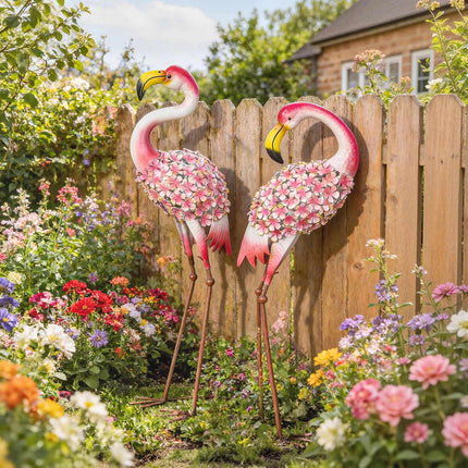 Flamingo Garden Statues Set of 2, Metal Birds with Anchors