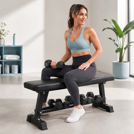 Flat Bench with Dumbbell Rack, Steel, Black, 300kg Capacity