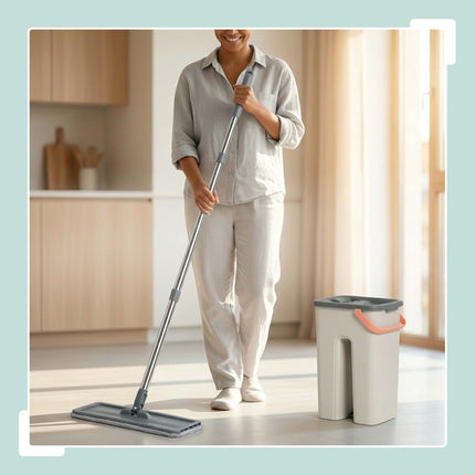 Flat Mop Set with 2-Chamber Bucket, Microfibre Pads