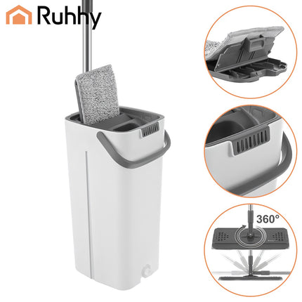Flat Mop with 8.5L Dual-Chamber Bucket & 3 Pads