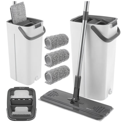 Flat Mop with 8.5L Dual-Chamber Bucket & 3 Pads