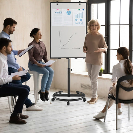 Flipchart stand on wheels with magnets and markers, whiteboard, height adjustable up to 192 cm