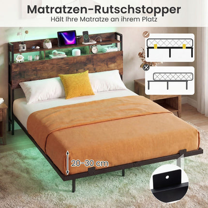 Floating Bed Frame with LED Lights, Storage Headboard, USB Ports