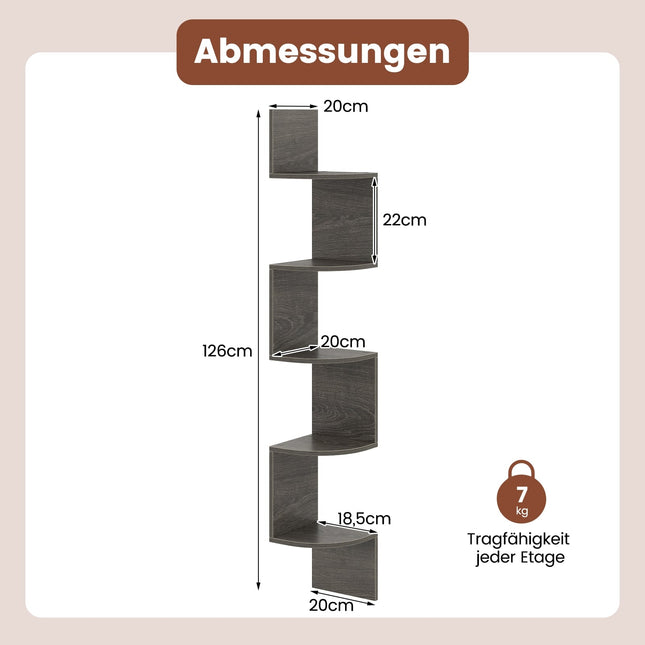 Floating Corner Shelf, 5-Tier Wall-Mounted Storage, Grey