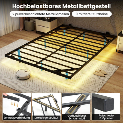 Floating Metal Bed Frame with LED Lights, Black, 140x200 cm