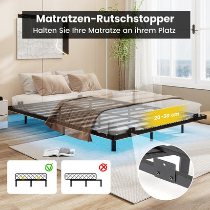 Floating Metal Bed Frame with LED Lights, Black, 140x200 cm
