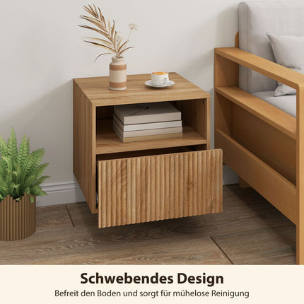 Floating Nightstand, Handleless, Open Shelf, Drawer, Light Brown