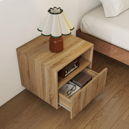 Floating Nightstand, Handleless, Open Shelf, Drawer, Light Brown