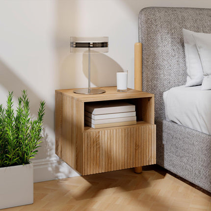 Floating Nightstand, Handleless, Open Shelf, Drawer, Light Brown