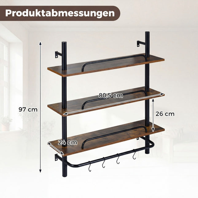 Floating Pipe Wall Shelf with 4 Hooks, 3-Tier, 80.5x24x97 cm