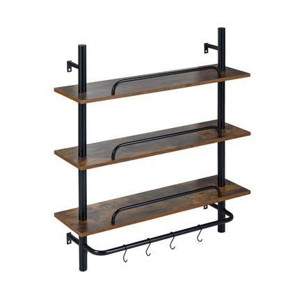 Floating Pipe Wall Shelf with 4 Hooks, 3-Tier, 80.5x24x97 cm