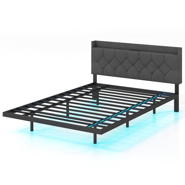 Floating Platform Bed Frame with LED Lights, Adjustable Headboard, Charging Ports, Gray