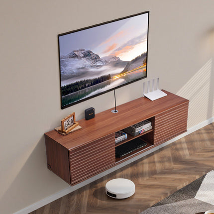 Floating TV Stand 60 in, Sliding Doors, Walnut Finish
