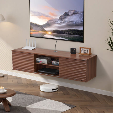 Floating TV Stand 60 in, Sliding Doors, Walnut Finish