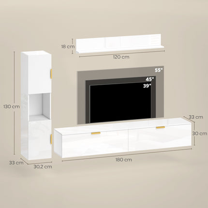 Floating TV Stand with Flip Doors, 180 cm Gloss White
