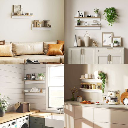 Floating Wall Shelf Set of 2, White & Natural Wood, 80x15 cm