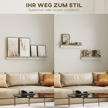 Floating Wall Shelf Set of 2, White & Natural Wood, 80x15 cm