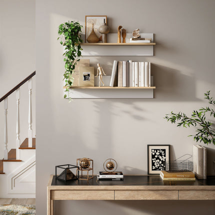 Floating Wall Shelf Set of 2, White & Natural Wood, 80x15 cm