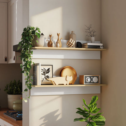 Floating Wall Shelf Set of 2, White & Natural Wood, 80x15 cm