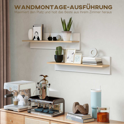 Floating Wall Shelf Set of 2, White & Natural Wood, 80x15 cm