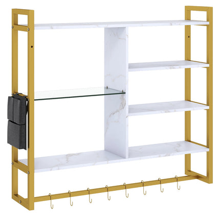 Floating Wall Shelf with 6 Tiers, 8 S-Hooks, Side Pocket