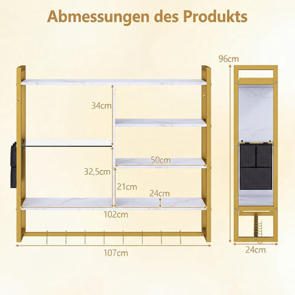 Floating Wall Shelf with 6 Tiers, 8 S-Hooks, Side Pocket