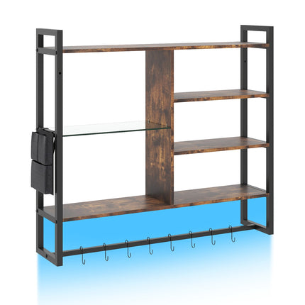 Floating Wall Shelf with RGB LED, 6-Tier, 8 Hooks, 107x24x96 cm