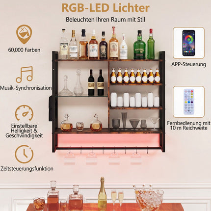 Floating Wall Shelf with RGB LED, 6-Tier, 8 Hooks, 107x24x96 cm