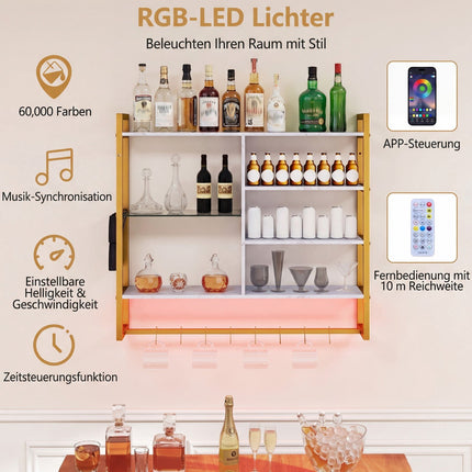 Floating Wall Shelf with RGB LED, 6 Tiers, 8 Hooks, White