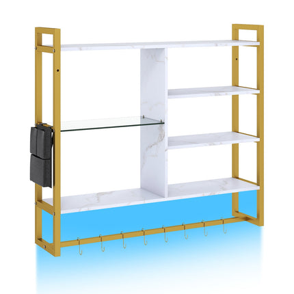 Floating Wall Shelf with RGB LED, 6 Tiers, 8 Hooks, White