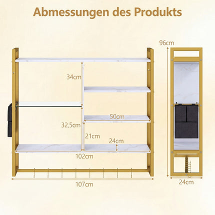 Floating Wall Shelf with RGB LED, 6 Tiers, 8 Hooks, White