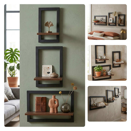 Floating Wall Shelves Set Of 3 – Metal Frame, MDF