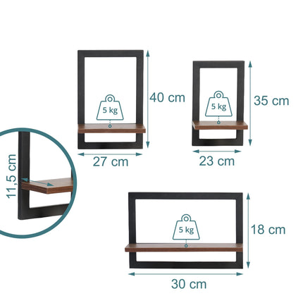 Floating Wall Shelves Set Of 3 – Metal Frame, MDF