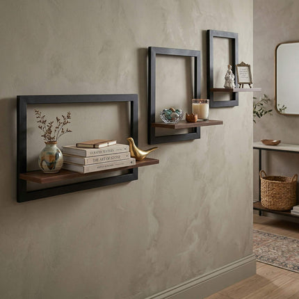 Floating Wall Shelves Set Of 3 – Metal Frame, MDF
