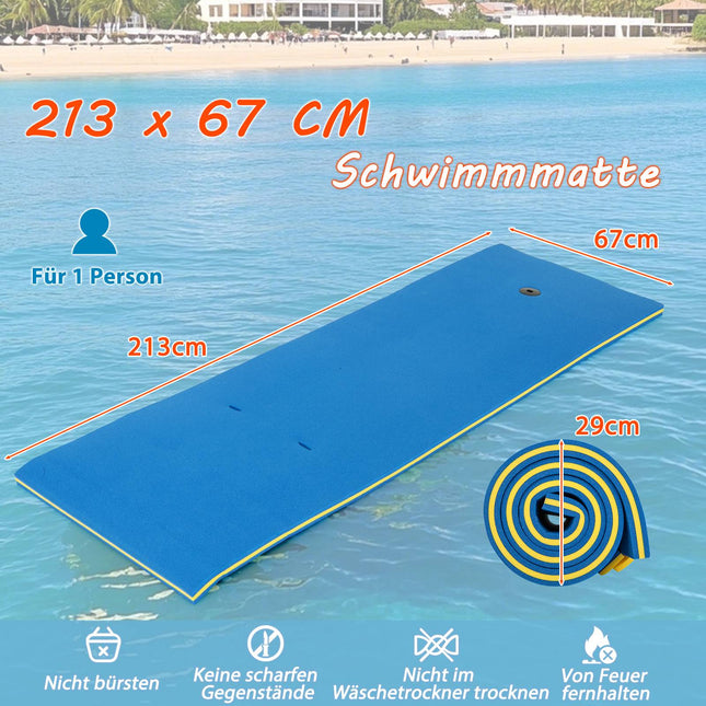Floating Water Mat, Durable XPE Foam, 213x67 cm, Blue