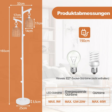 Floor Lamp 165 cm, Dimmable 2-Light, Wicker Shade