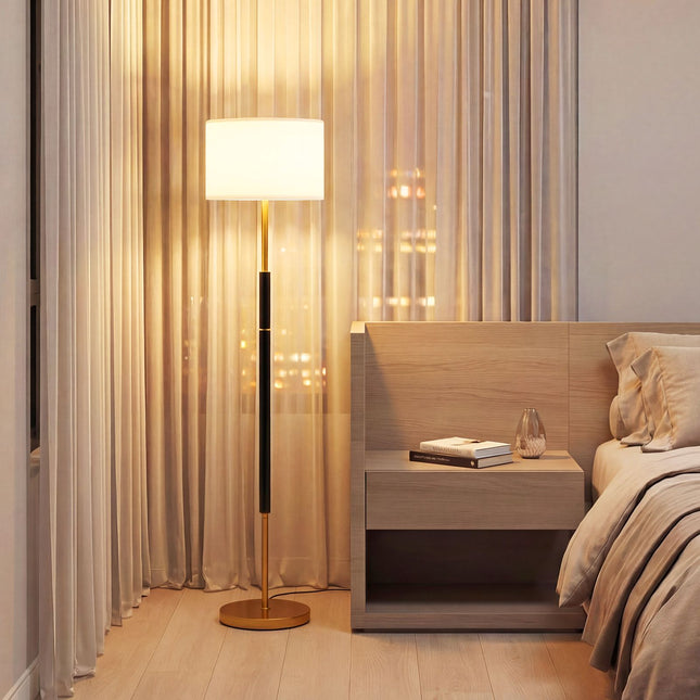 Floor Lamp 165 cm, Linen Shade, E27, Foot Switch