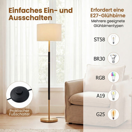 Floor Lamp 165 cm, Linen Shade, E27, Foot Switch