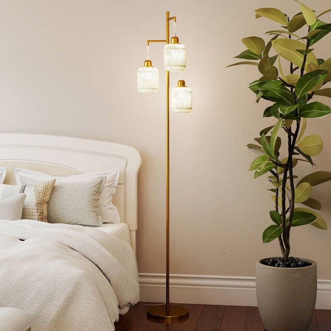 Floor Lamp 173cm, 3 Woven Paper Shades, Foot Switch, Gold
