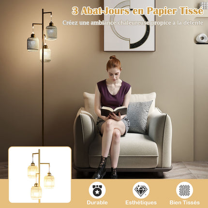 Floor Lamp 173cm, 3 Woven Paper Shades, Foot Switch, Gold