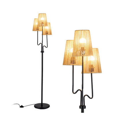 Floor Lamp 175 cm with 3 Woven Paper Shades, E27, Foot Switch, Black