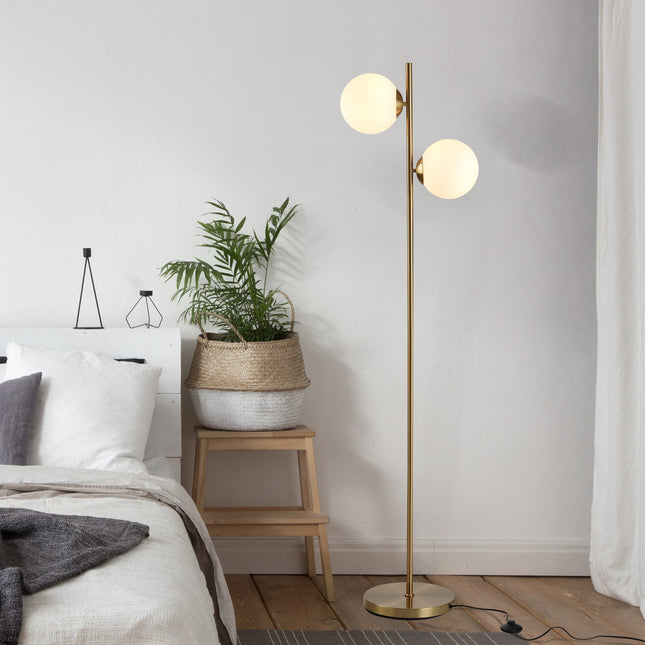 Floor lamp with 2-part glass shade - steel & glass, golden